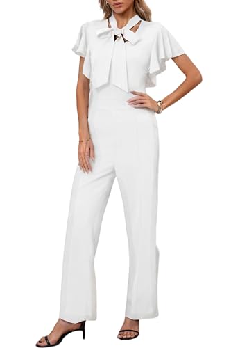 WanMem Jumpsuits for Women Ruffled Sleeveless Romper V-Neck High Waist Loose Long Wide Pants Jumpsuit