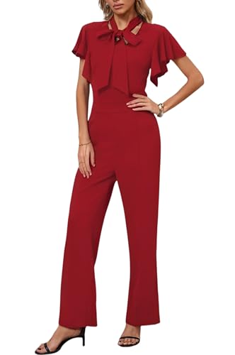 WanMem Jumpsuits for Women Ruffled Sleeveless Romper V-Neck High Waist Loose Long Wide Pants Jumpsuit