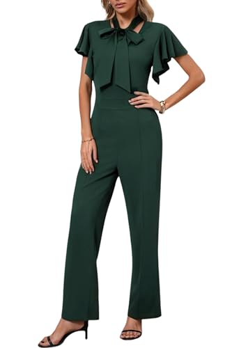 WanMem Jumpsuits for Women Ruffled Sleeveless Romper V-Neck High Waist Loose Long Wide Pants Jumpsuit