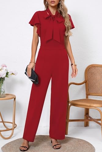 WanMem Jumpsuits for Women Ruffled Sleeveless Romper V-Neck High Waist Loose Long Wide Pants Jumpsuit