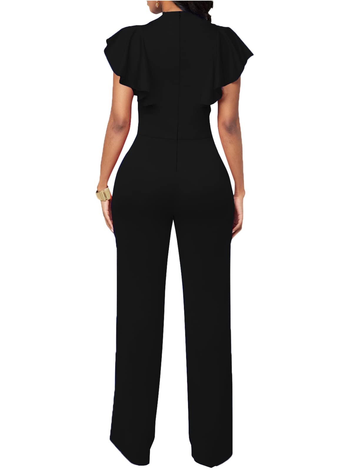 WanMem Jumpsuits for Women Ruffled Sleeveless Romper V-Neck High Waist Loose Long Wide Pants Jumpsuit