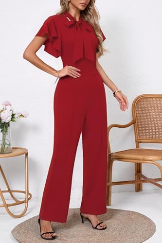 WanMem Jumpsuits for Women Ruffled Sleeveless Romper V-Neck High Waist Loose Long Wide Pants Jumpsuit