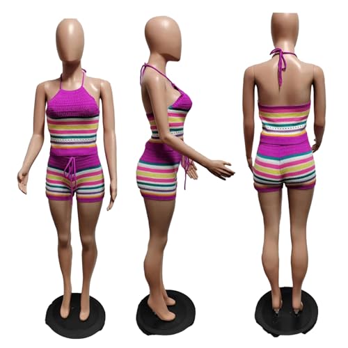 YOOTIKO Women Summer 2 Piece Shorts Set Sexy Crochet Cover Up Color Block Halter Top Beach Tracksuit