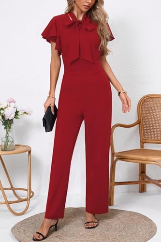 WanMem Jumpsuits for Women Ruffled Sleeveless Romper V-Neck High Waist Loose Long Wide Pants Jumpsuit
