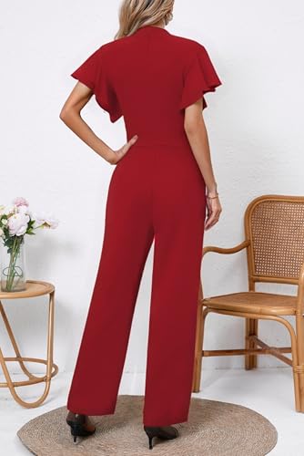 WanMem Jumpsuits for Women Ruffled Sleeveless Romper V-Neck High Waist Loose Long Wide Pants Jumpsuit