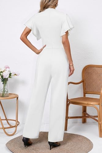 WanMem Jumpsuits for Women Ruffled Sleeveless Romper V-Neck High Waist Loose Long Wide Pants Jumpsuit