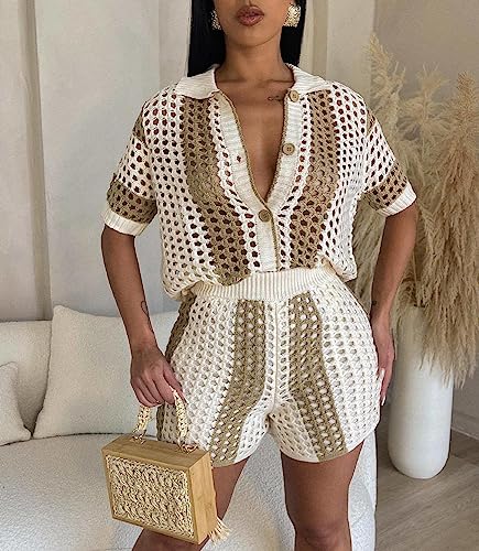 cu4eve Crochet Sets Two Piece Women Summer Causal Knit Short Sleeve Button Down Shirt and Shorts Matching Set Jumpsuit