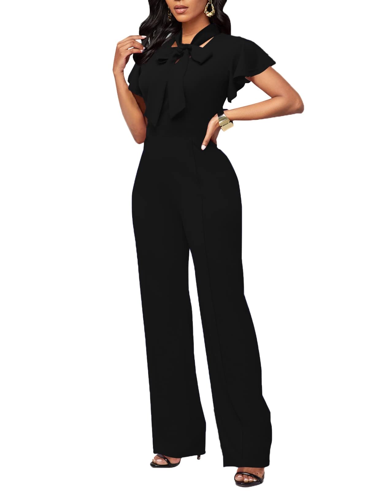WanMem Jumpsuits for Women Ruffled Sleeveless Romper V-Neck High Waist Loose Long Wide Pants Jumpsuit