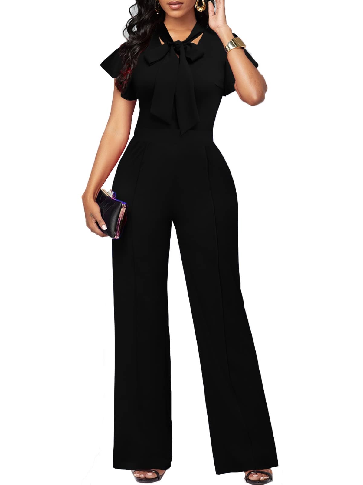 WanMem Jumpsuits for Women Ruffled Sleeveless Romper V-Neck High Waist Loose Long Wide Pants Jumpsuit
