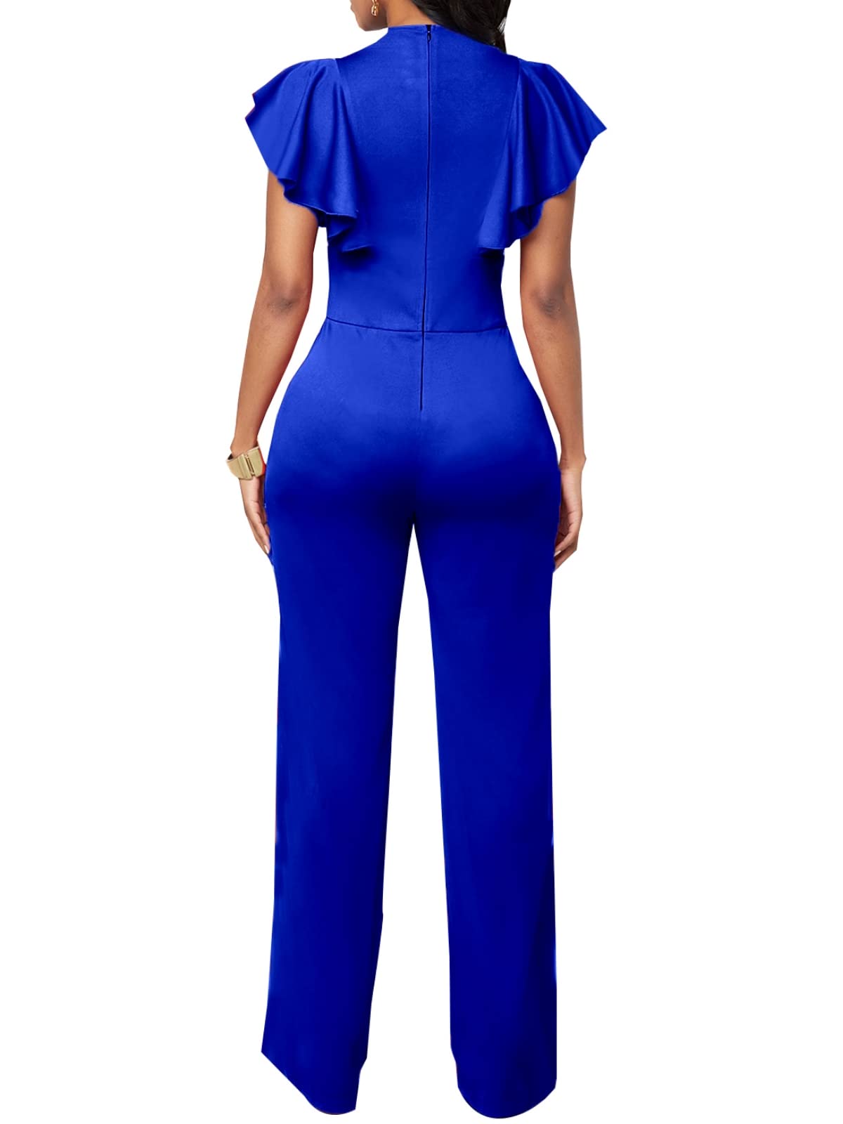 WanMem Jumpsuits for Women Ruffled Sleeveless Romper V-Neck High Waist Loose Long Wide Pants Jumpsuit