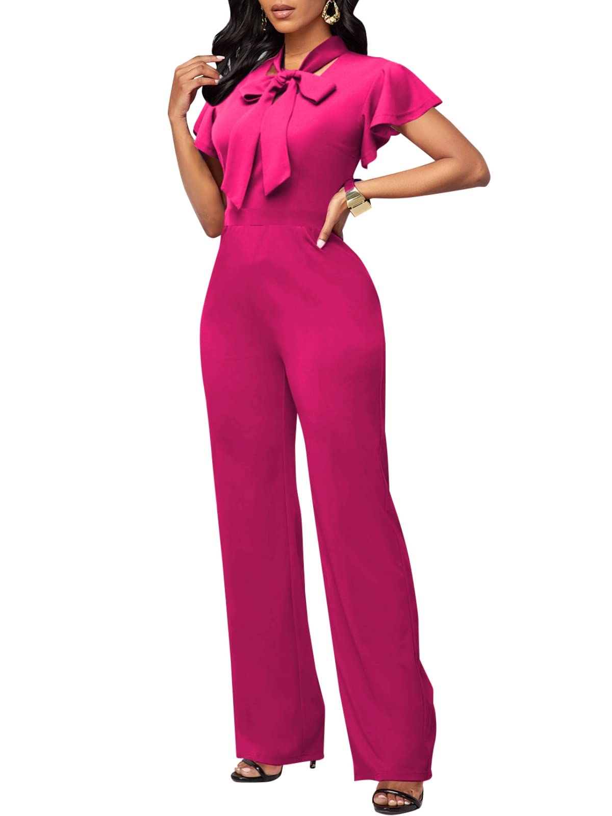 WanMem Jumpsuits for Women Ruffled Sleeveless Romper V-Neck High Waist Loose Long Wide Pants Jumpsuit