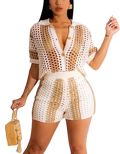 cu4eve Crochet Sets Two Piece Women Summer Causal Knit Short Sleeve Button Down Shirt and Shorts Matching Set Jumpsuit