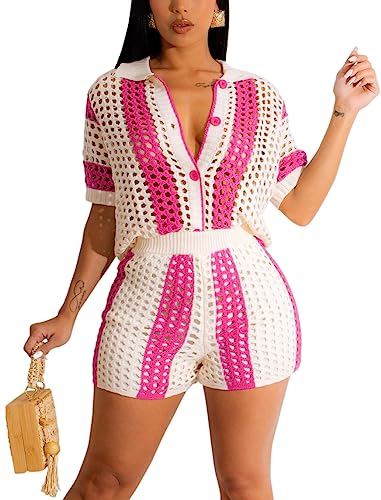 cu4eve Crochet Sets Two Piece Women Summer Causal Knit Short Sleeve Button Down Shirt and Shorts Matching Set Jumpsuit