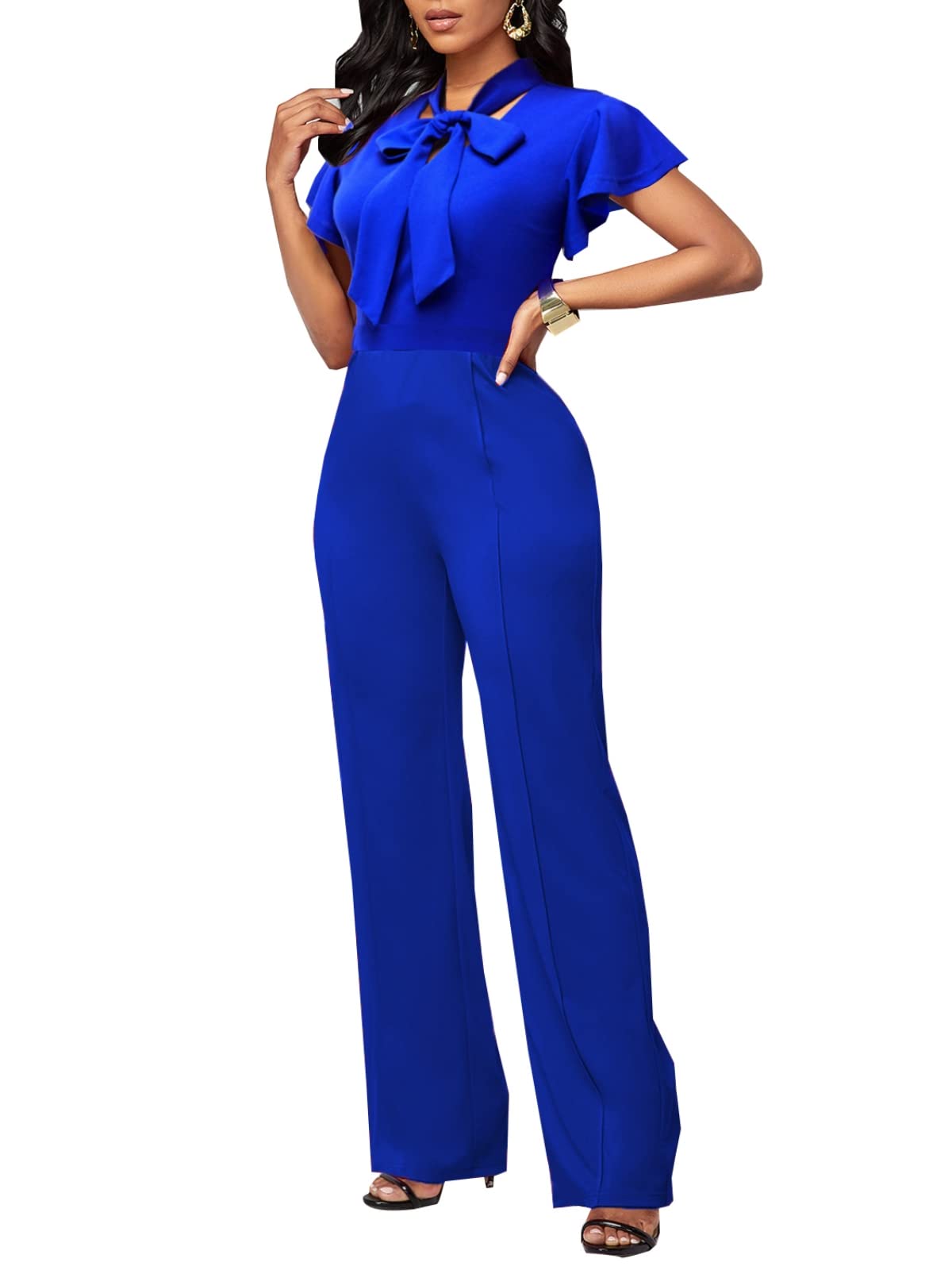 WanMem Jumpsuits for Women Ruffled Sleeveless Romper V-Neck High Waist Loose Long Wide Pants Jumpsuit