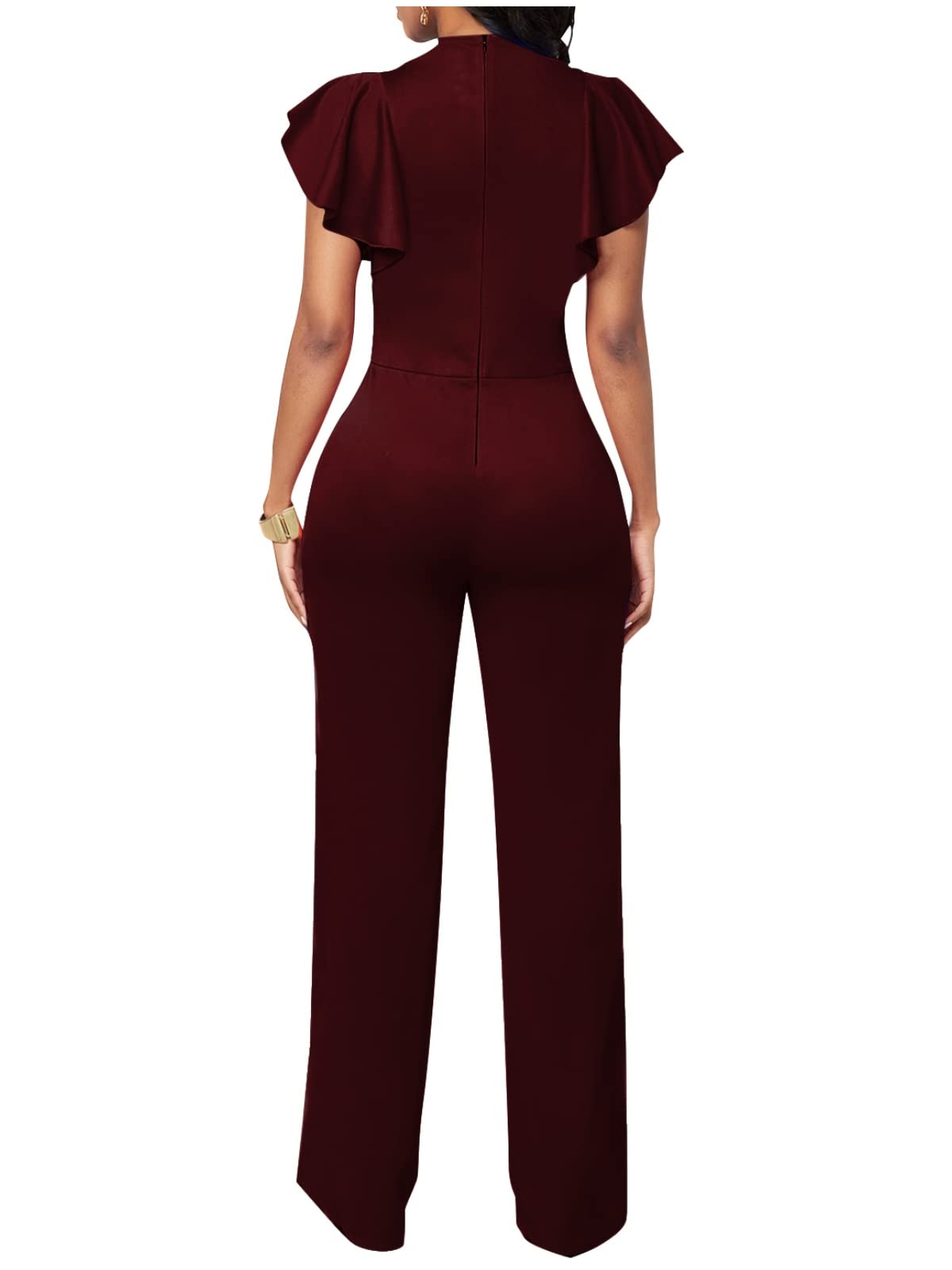 WanMem Jumpsuits for Women Ruffled Sleeveless Romper V-Neck High Waist Loose Long Wide Pants Jumpsuit