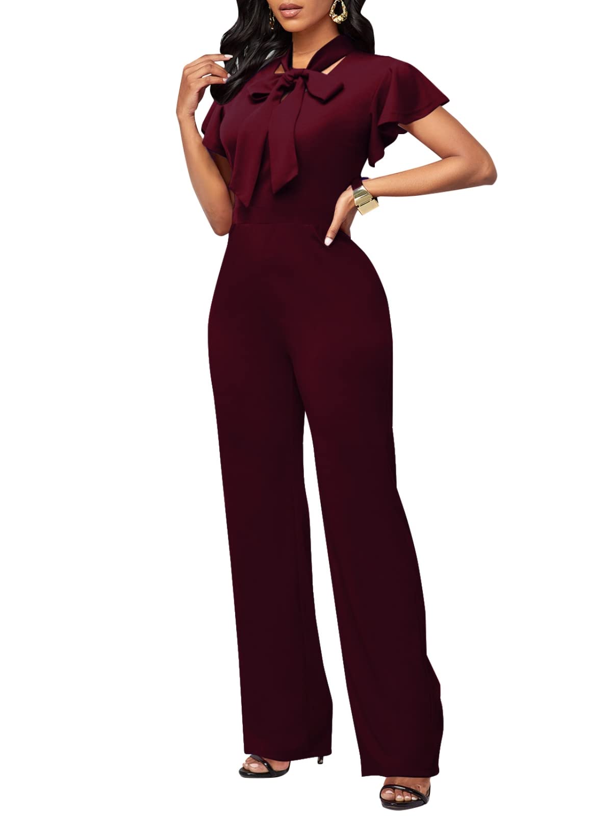 WanMem Jumpsuits for Women Ruffled Sleeveless Romper V-Neck High Waist Loose Long Wide Pants Jumpsuit