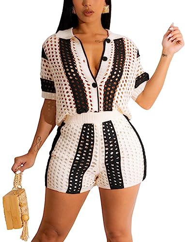 cu4eve Crochet Sets Two Piece Women Summer Causal Knit Short Sleeve Button Down Shirt and Shorts Matching Set Jumpsuit