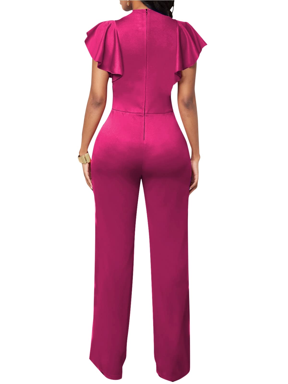 WanMem Jumpsuits for Women Ruffled Sleeveless Romper V-Neck High Waist Loose Long Wide Pants Jumpsuit