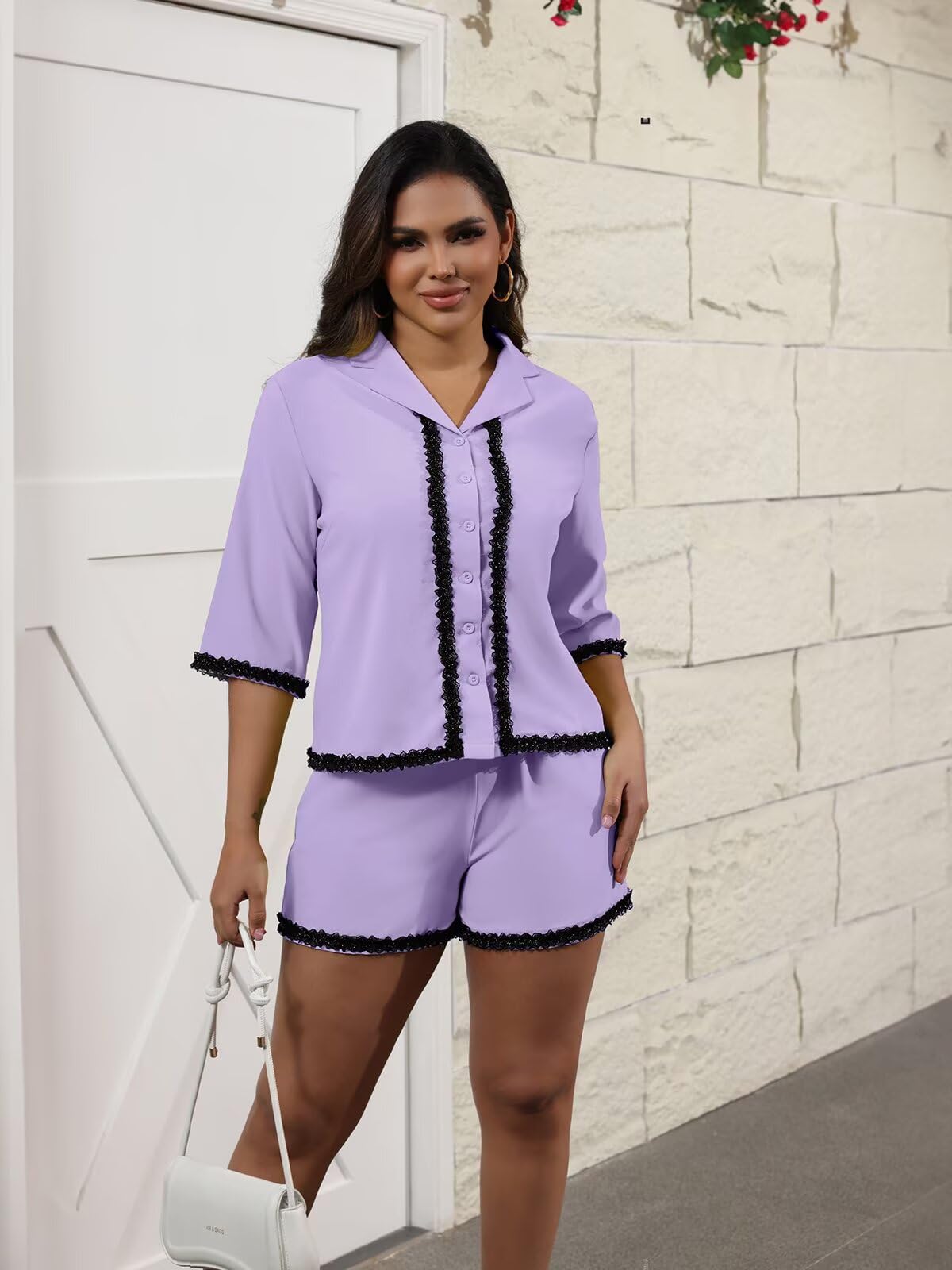 Ophestin Womens 2 Piece Outfits Summer Sets Half Sleeve Button Down Shirt and Shorts Set Loungewear