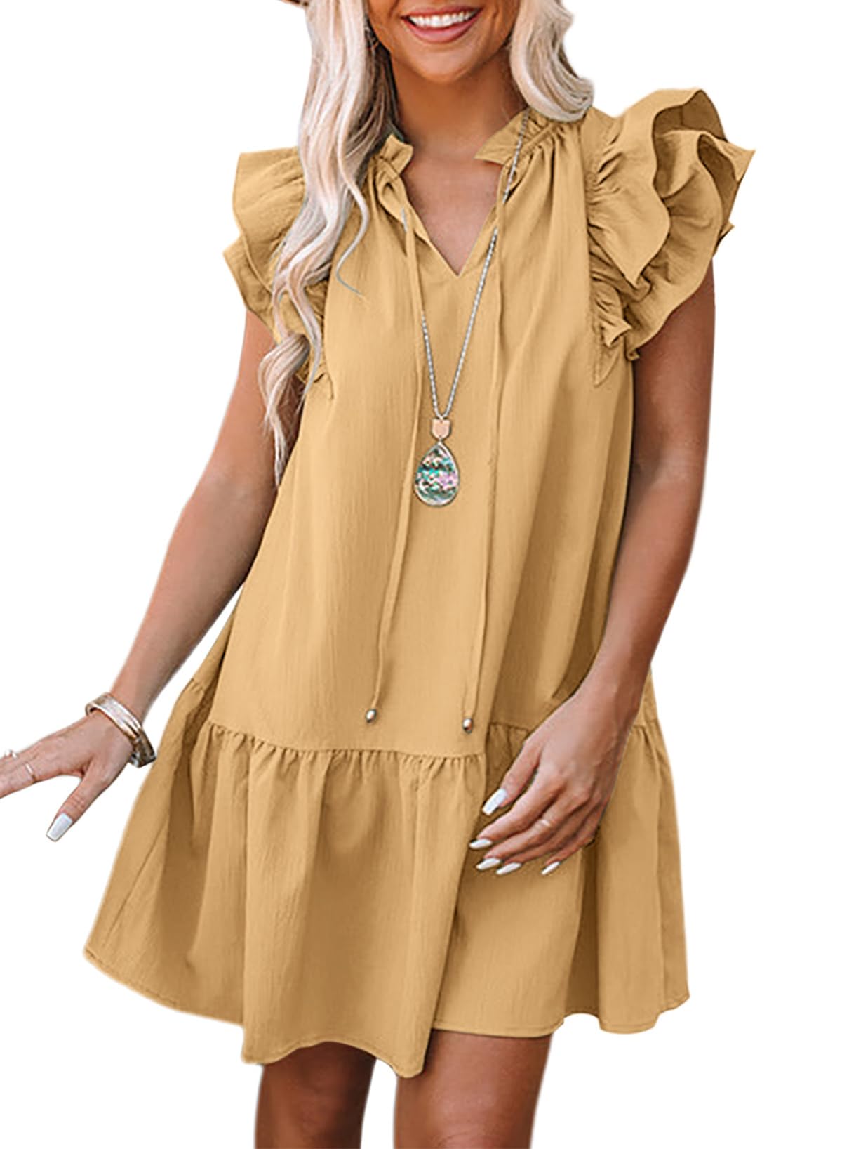 Dokotoo Womens Summer Dresses 2025 V-Neck Drawstring Ruffle Cap Short Sleeve Side Pockets Mini Dress Sundress