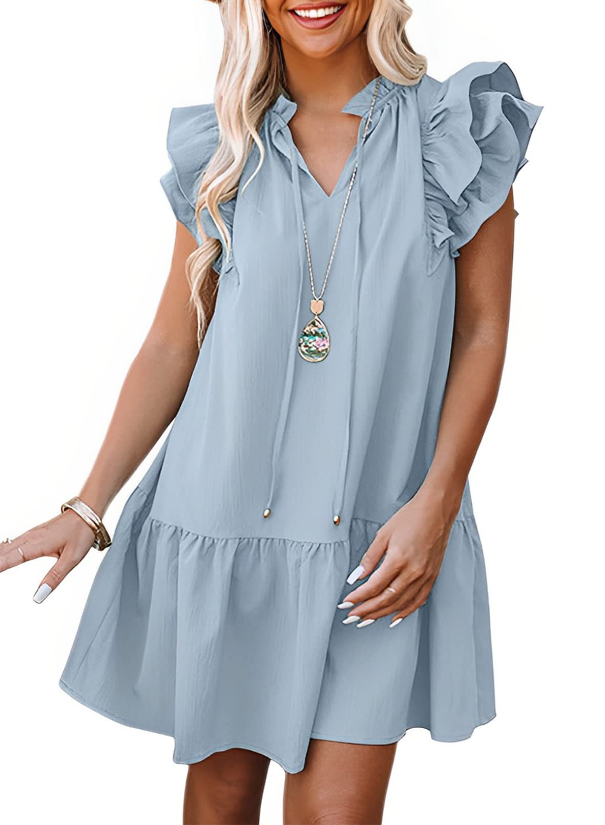 Dokotoo Womens Summer Dresses 2025 V-Neck Drawstring Ruffle Cap Short Sleeve Side Pockets Mini Dress Sundress