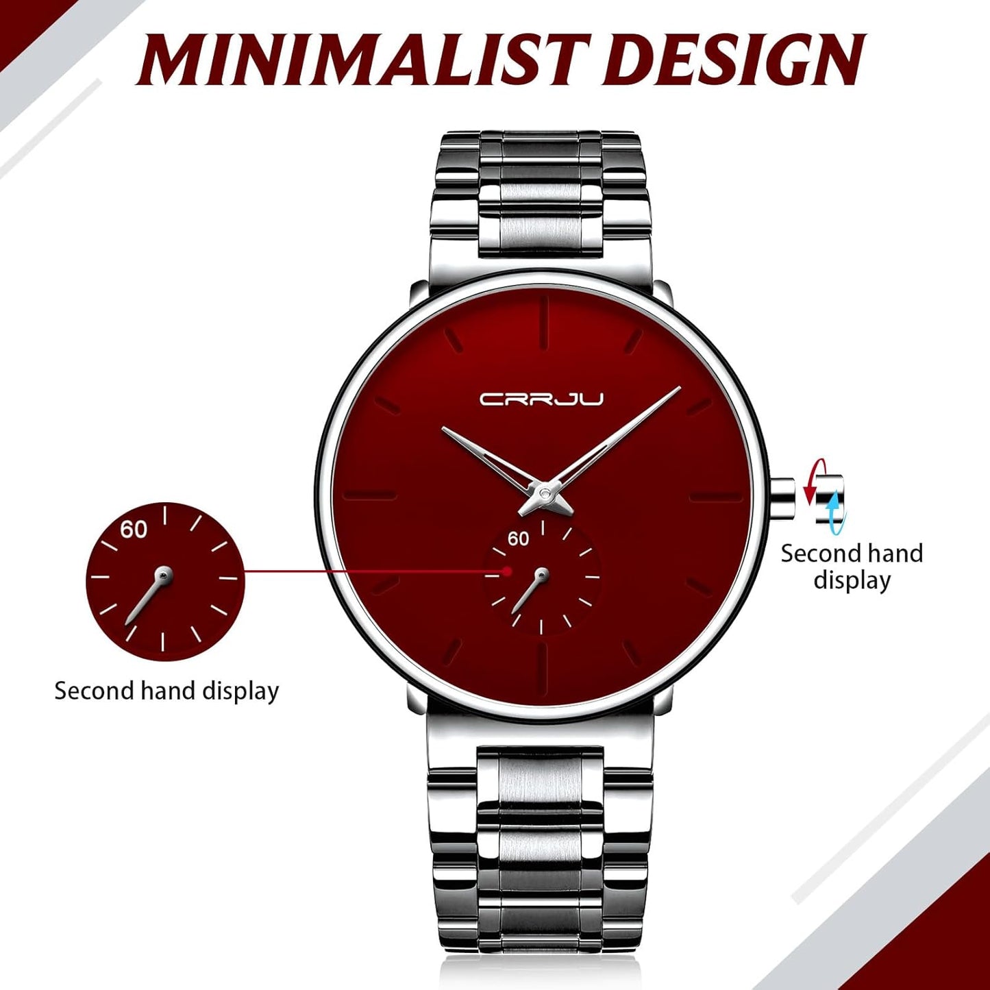 Mens Watches Ultra-Thin Minimalist Waterproof-Fashion Wrist Watch for Men Unisex Dress with Stainless Steel Band-Black Hands