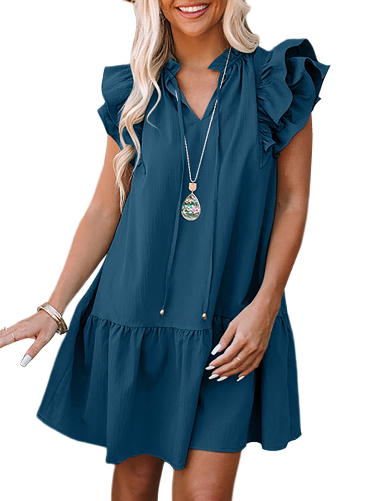 Dokotoo Womens Summer Dresses 2025 V-Neck Drawstring Ruffle Cap Short Sleeve Side Pockets Mini Dress Sundress