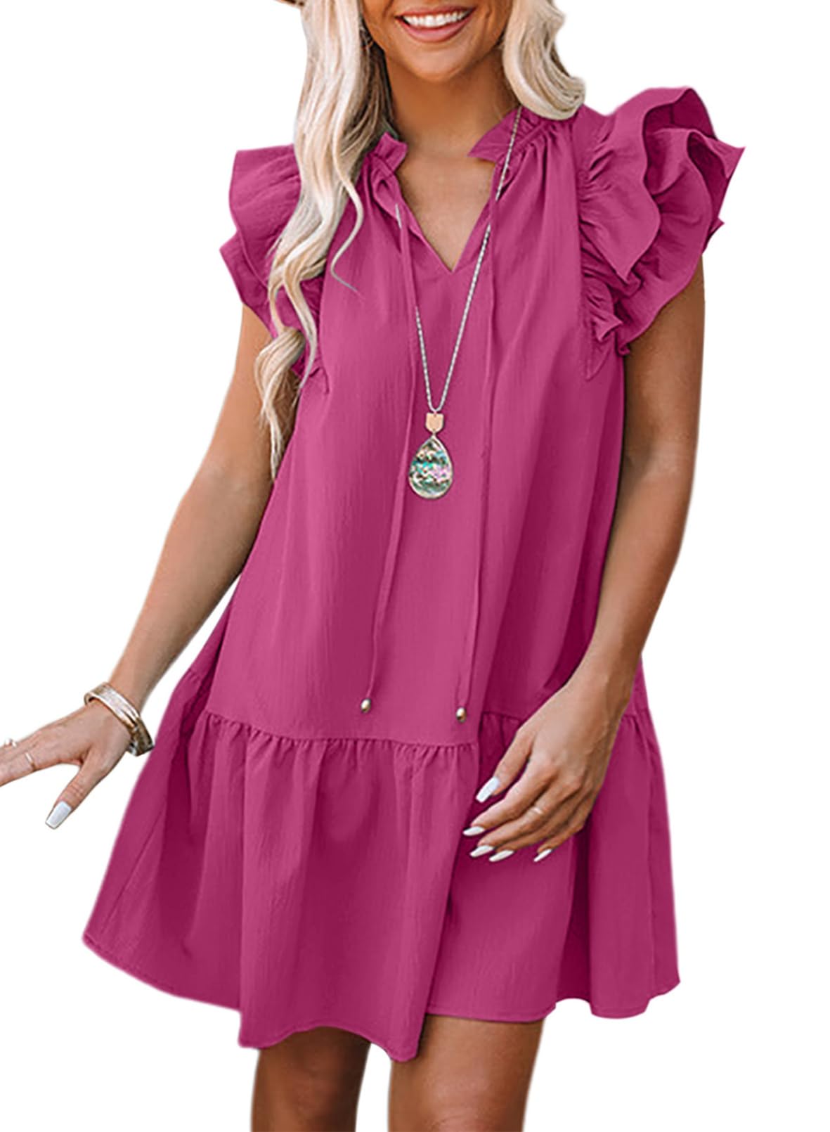 Dokotoo Womens Summer Dresses 2025 V-Neck Drawstring Ruffle Cap Short Sleeve Side Pockets Mini Dress Sundress