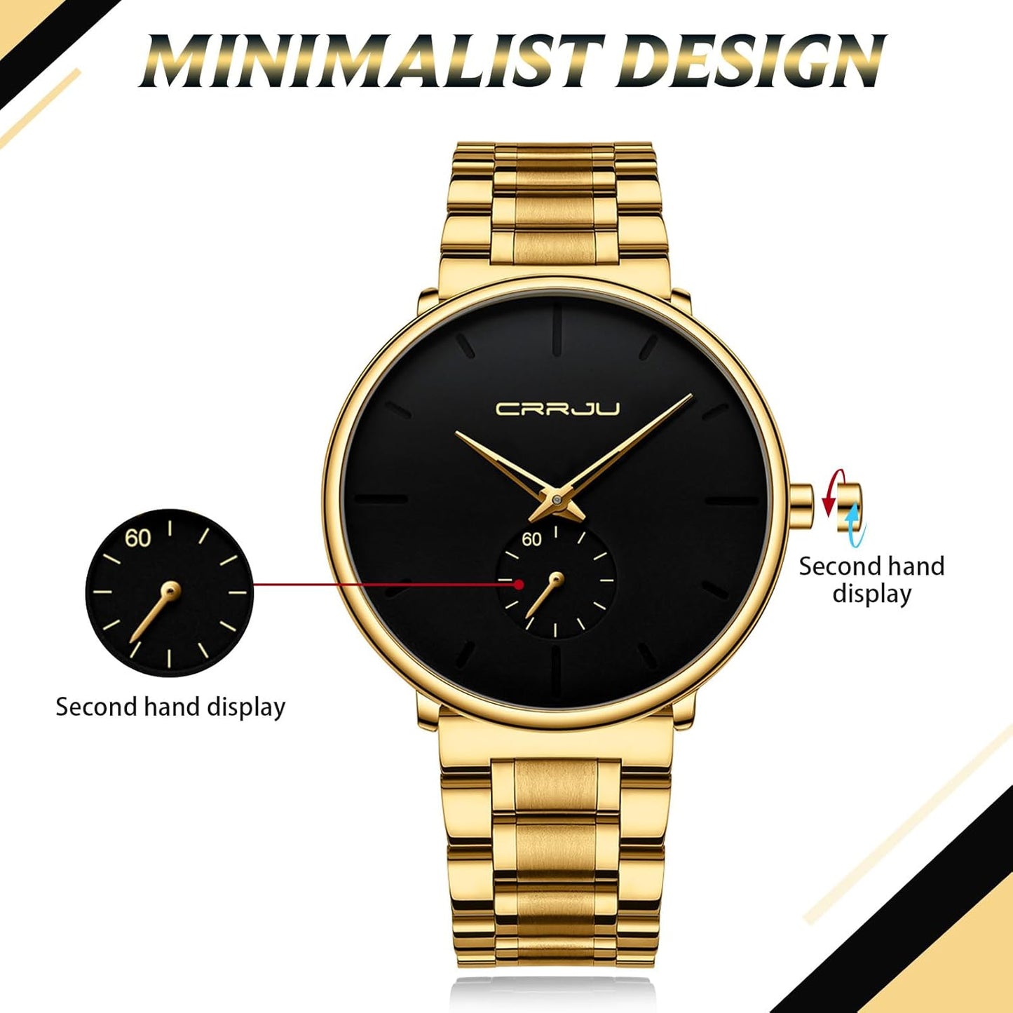 Mens Watches Ultra-Thin Minimalist Waterproof-Fashion Wrist Watch for Men Unisex Dress with Stainless Steel Band-Black Hands