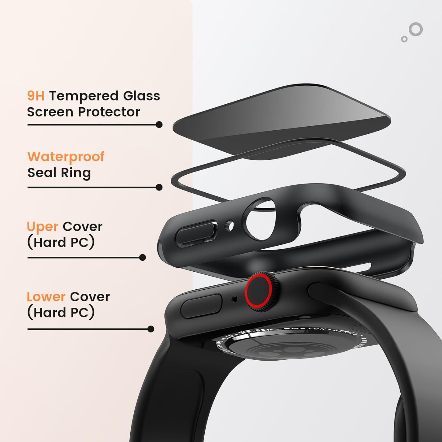 Goton Waterproof Privacy Case for Apple Watch Series 10 SE 9 8 7 6 5 4 Ultra 2 Ultra, Hard PC Bumper Tempered Glass Screen Protector for iWatch Cover Accessories, 46mm Matte Black