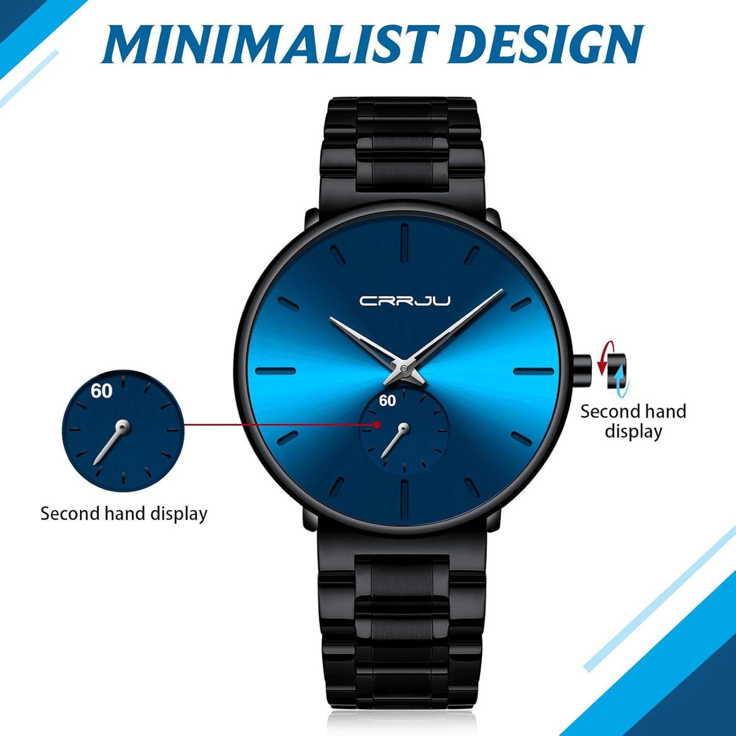 Mens Watches Ultra-Thin Minimalist Waterproof-Fashion Wrist Watch for Men Unisex Dress with Stainless Steel Band-Black Hands