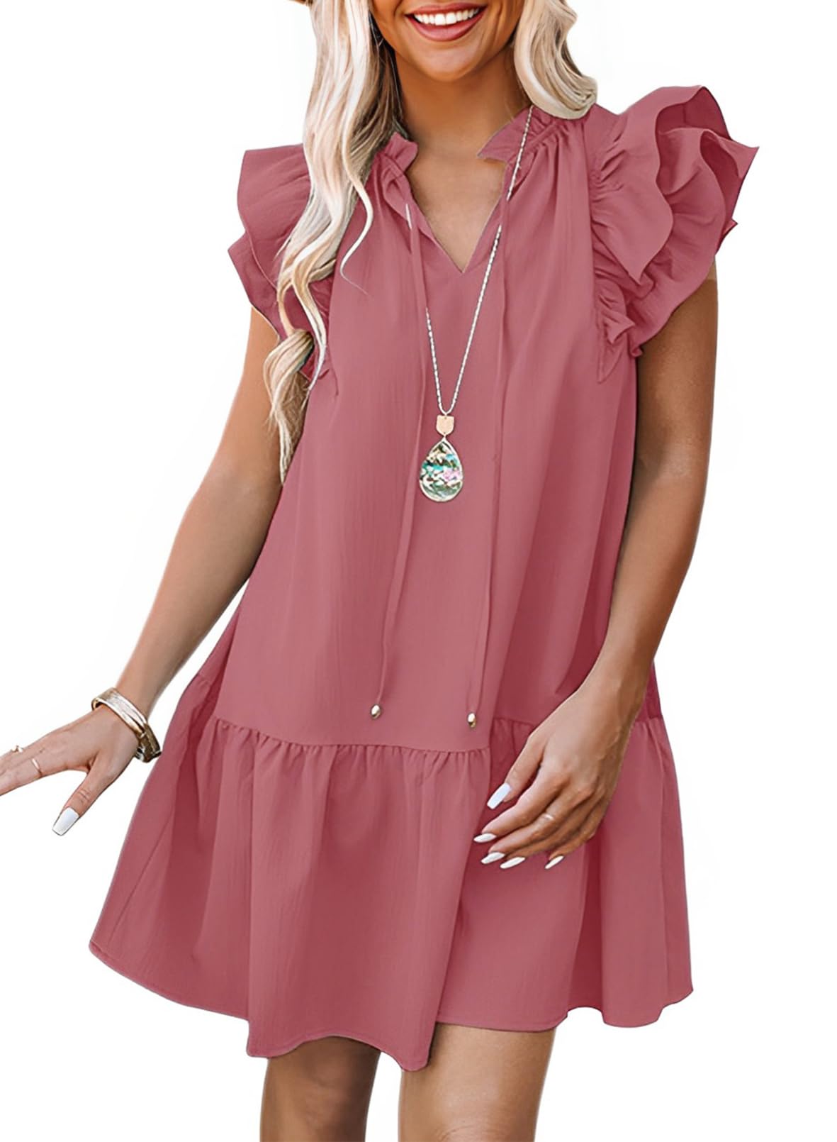 Dokotoo Womens Summer Dresses 2025 V-Neck Drawstring Ruffle Cap Short Sleeve Side Pockets Mini Dress Sundress