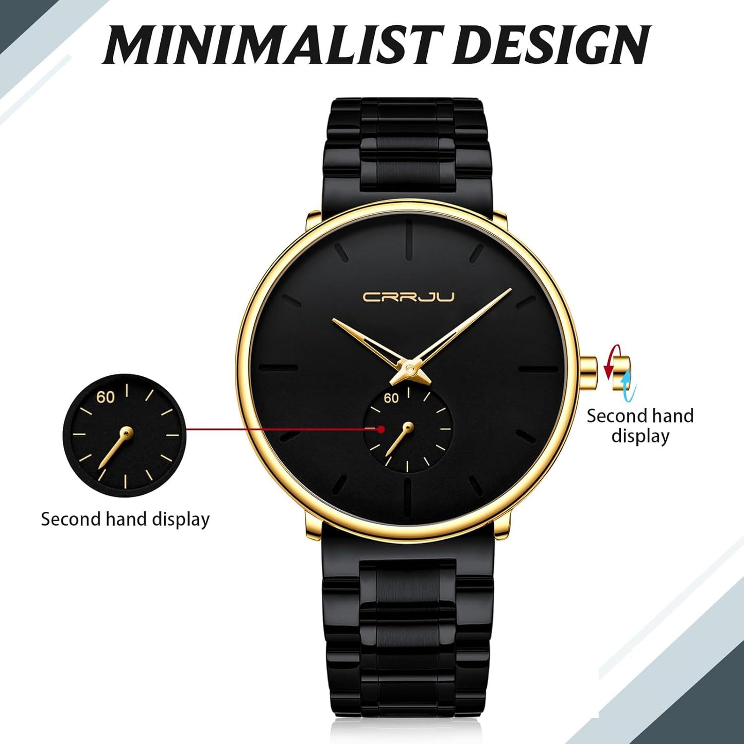 Mens Watches Ultra-Thin Minimalist Waterproof-Fashion Wrist Watch for Men Unisex Dress with Stainless Steel Band-Black Hands