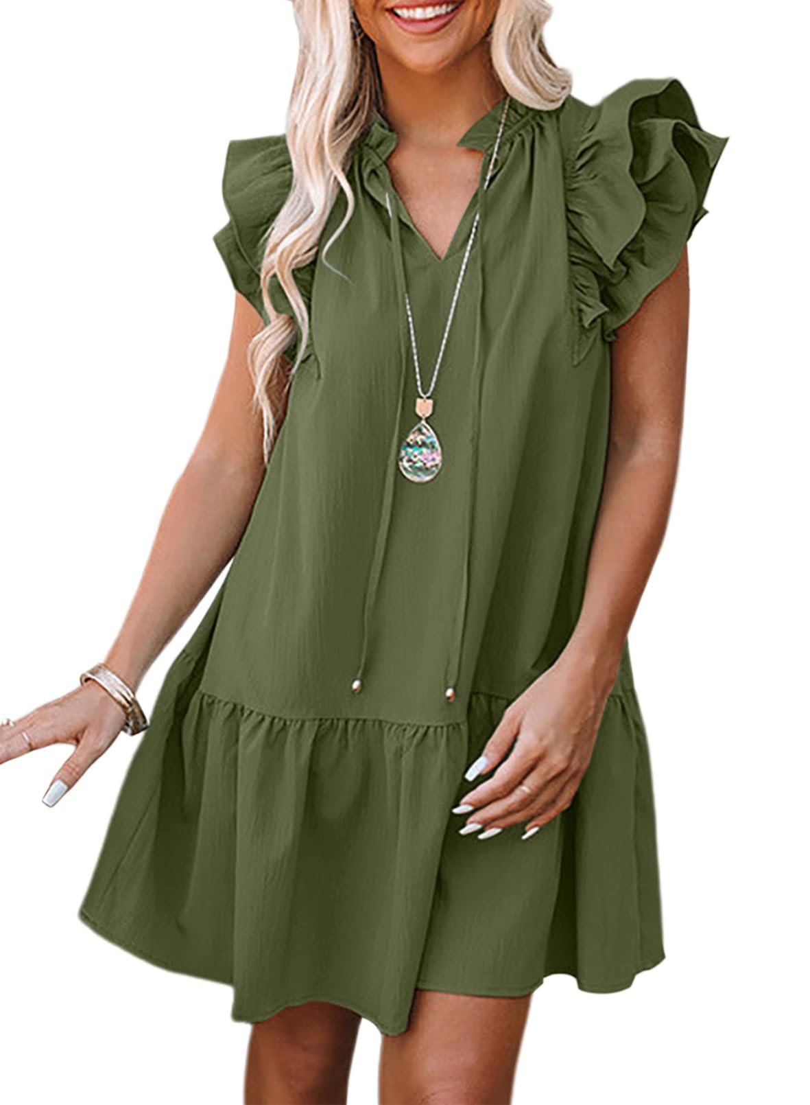 Dokotoo Womens Summer Dresses 2025 V-Neck Drawstring Ruffle Cap Short Sleeve Side Pockets Mini Dress Sundress