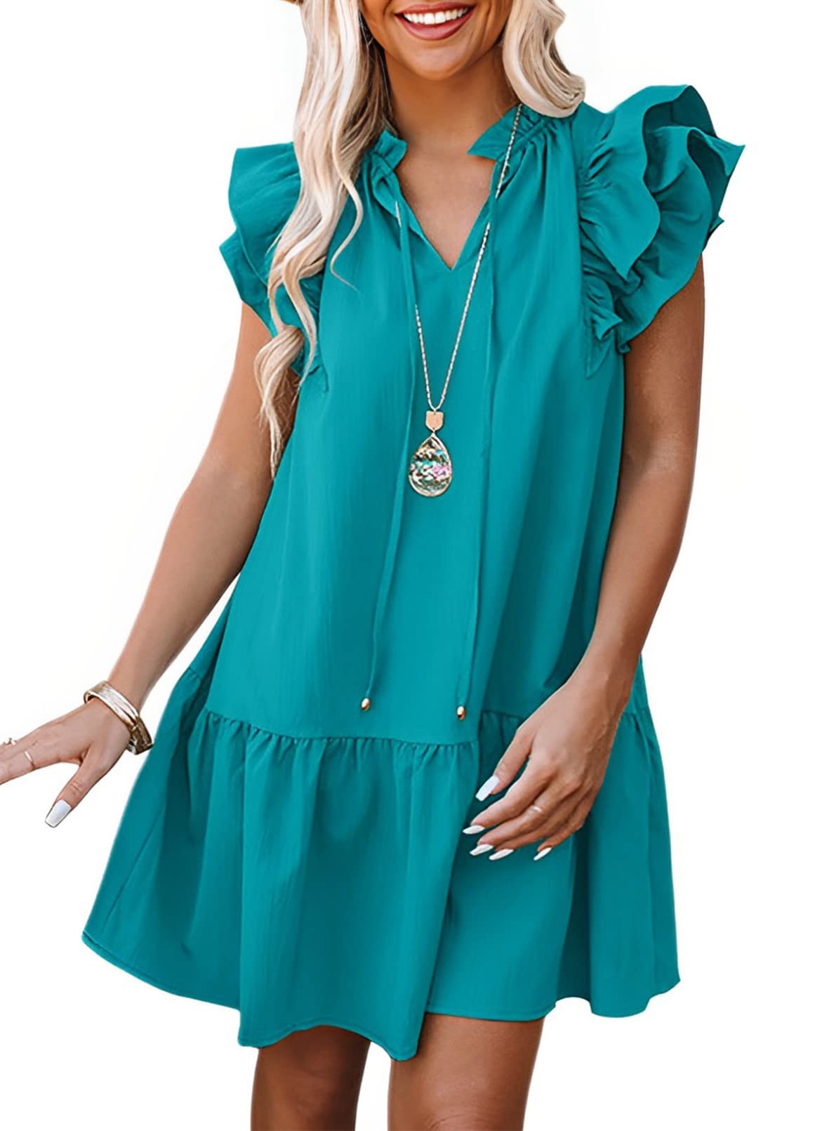 Dokotoo Womens Summer Dresses 2025 V-Neck Drawstring Ruffle Cap Short Sleeve Side Pockets Mini Dress Sundress
