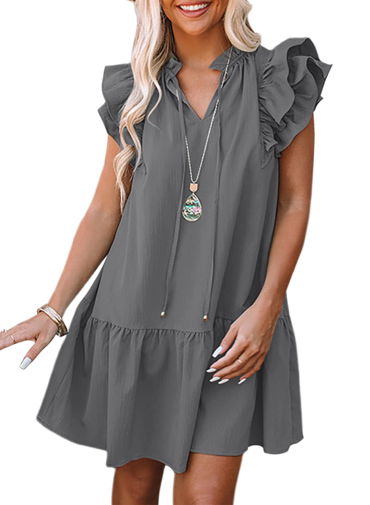 Dokotoo Womens Summer Dresses 2025 V-Neck Drawstring Ruffle Cap Short Sleeve Side Pockets Mini Dress Sundress