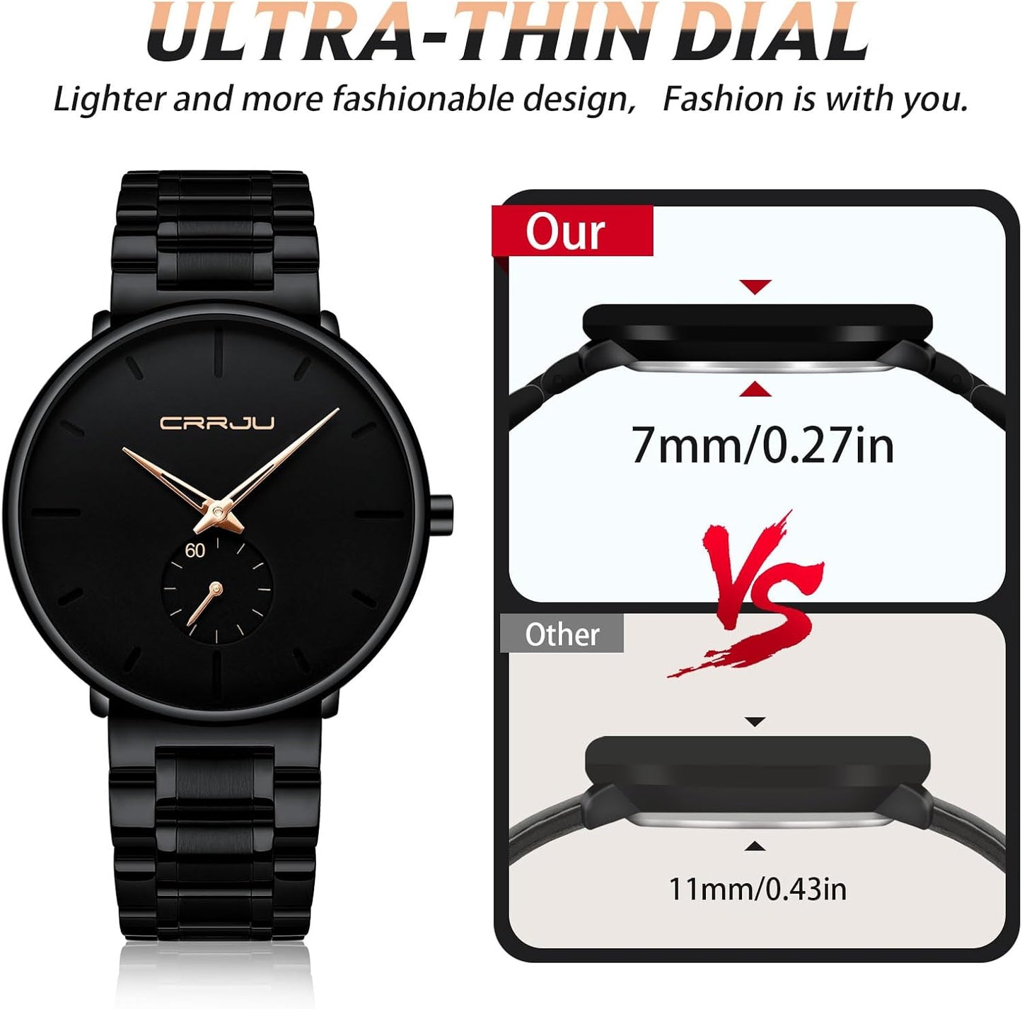 Mens Watches Ultra-Thin Minimalist Waterproof-Fashion Wrist Watch for Men Unisex Dress with Stainless Steel Band-Black Hands