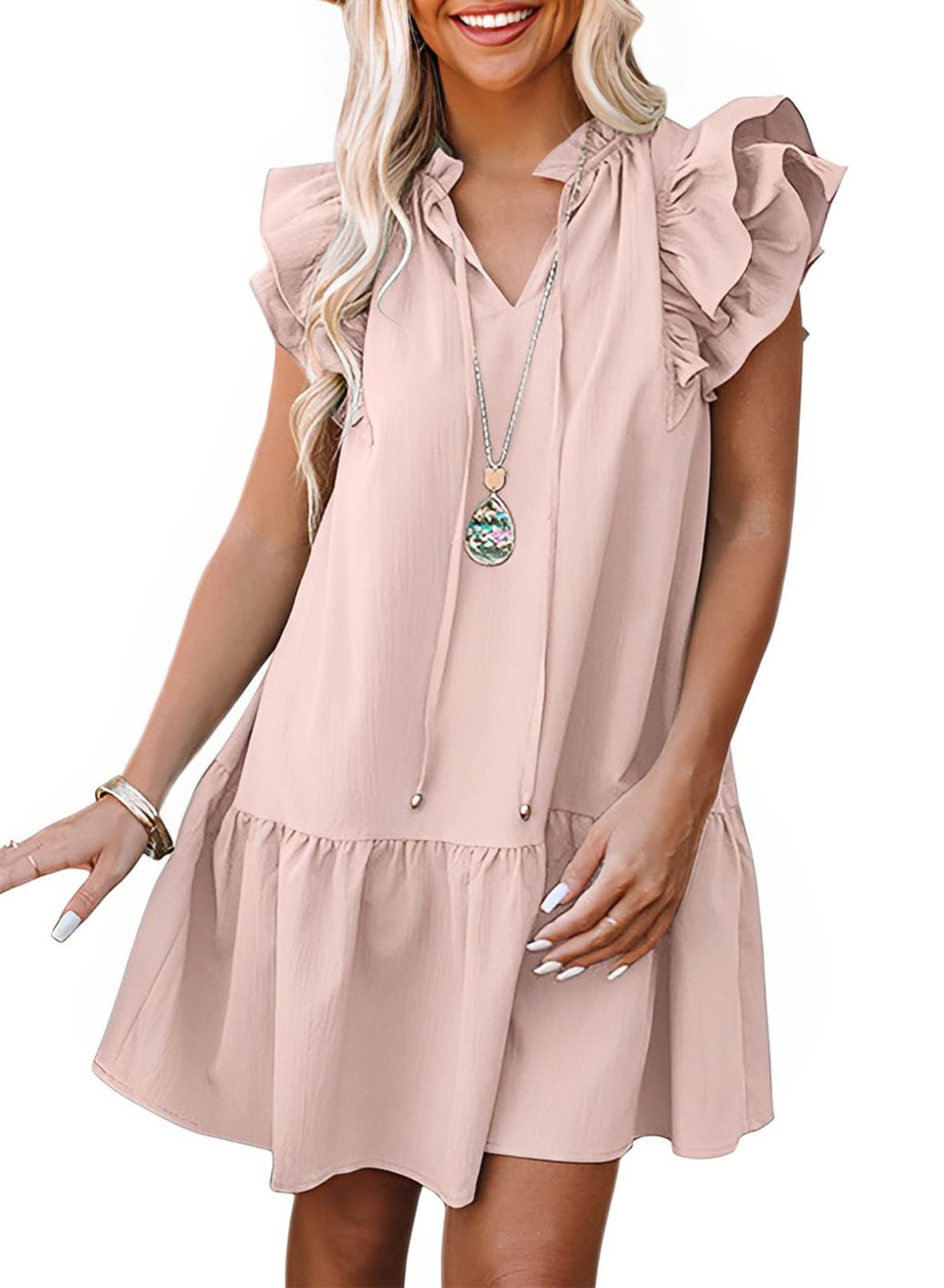 Dokotoo Womens Summer Dresses 2025 V-Neck Drawstring Ruffle Cap Short Sleeve Side Pockets Mini Dress Sundress
