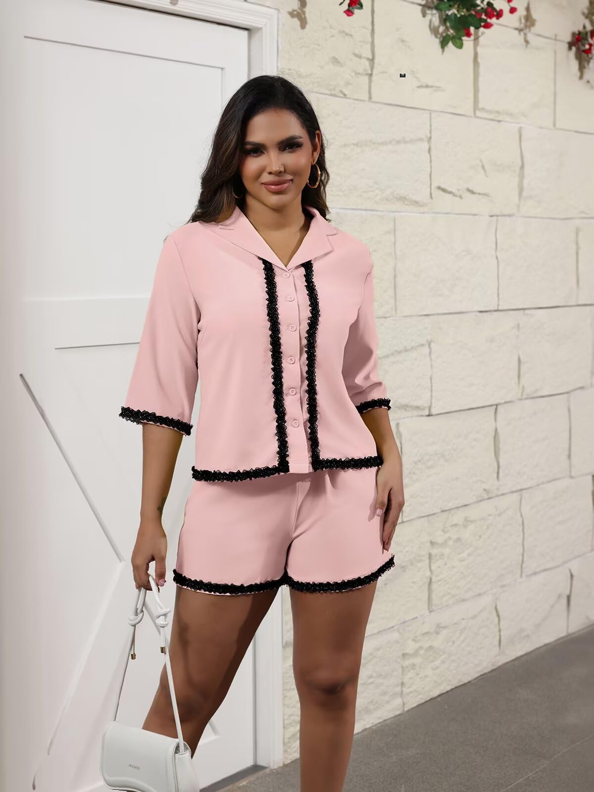 Ophestin Womens 2 Piece Outfits Summer Sets Half Sleeve Button Down Shirt and Shorts Set Loungewear
