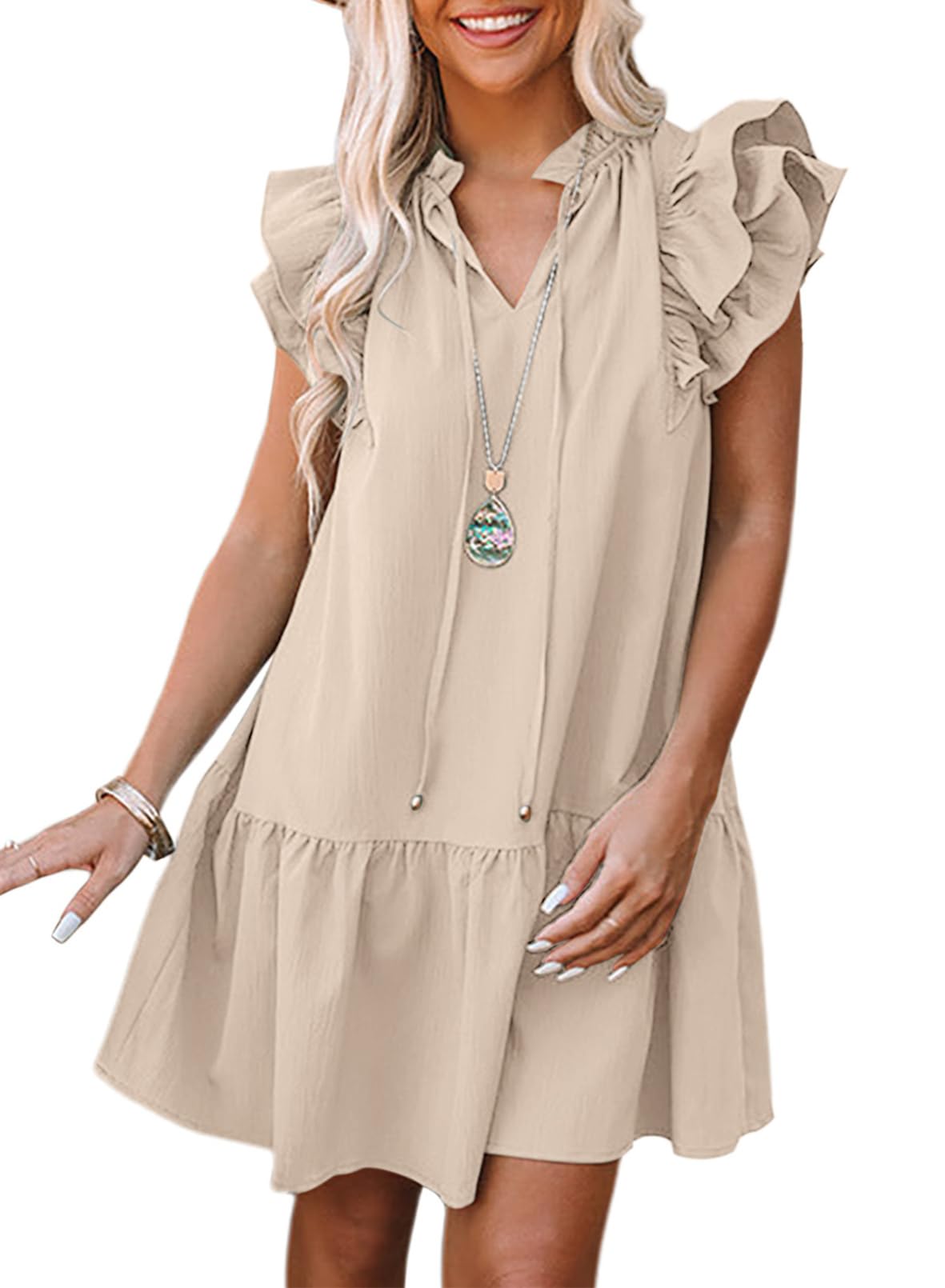 Dokotoo Womens Summer Dresses 2025 V-Neck Drawstring Ruffle Cap Short Sleeve Side Pockets Mini Dress Sundress