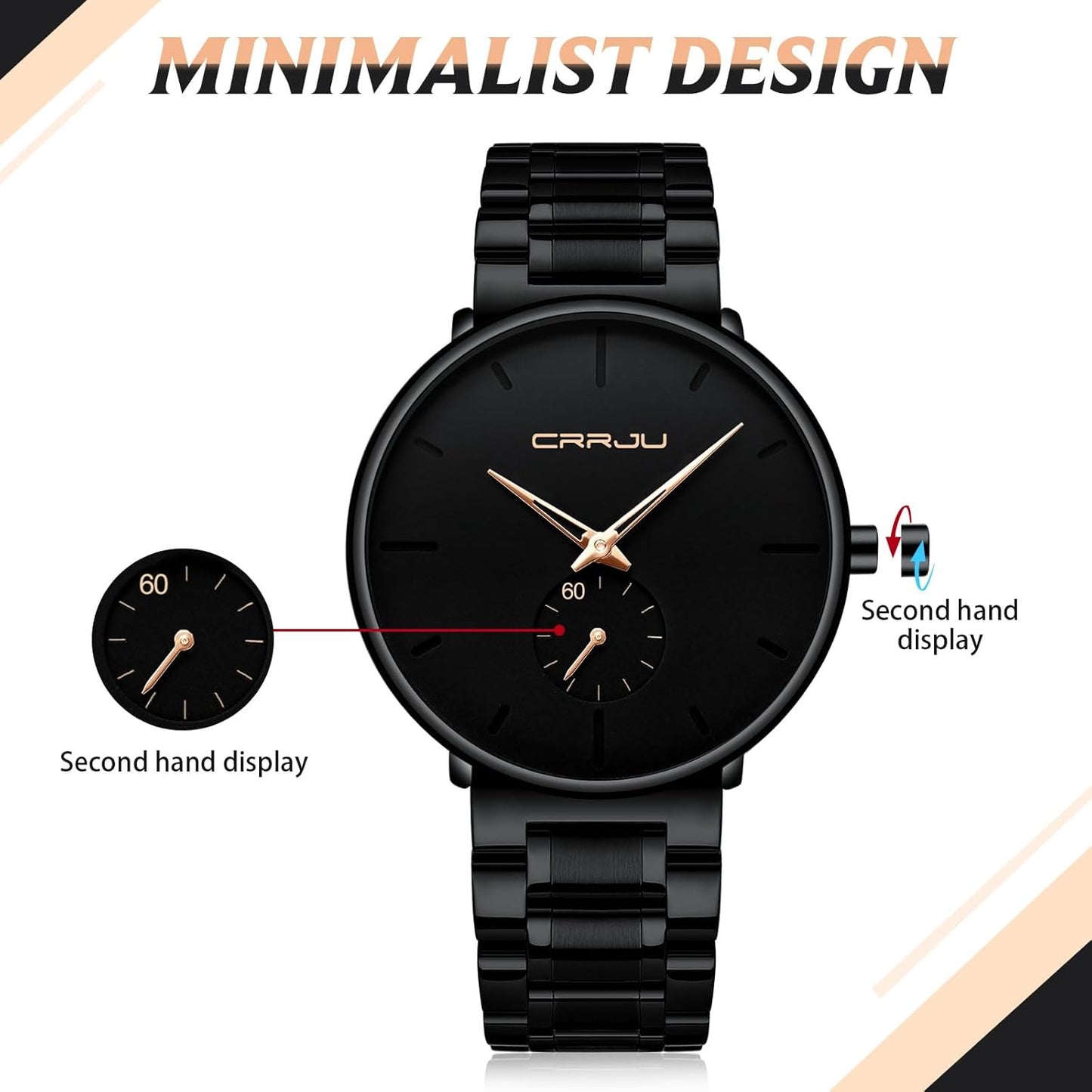 Mens Watches Ultra-Thin Minimalist Waterproof-Fashion Wrist Watch for Men Unisex Dress with Stainless Steel Band-Black Hands