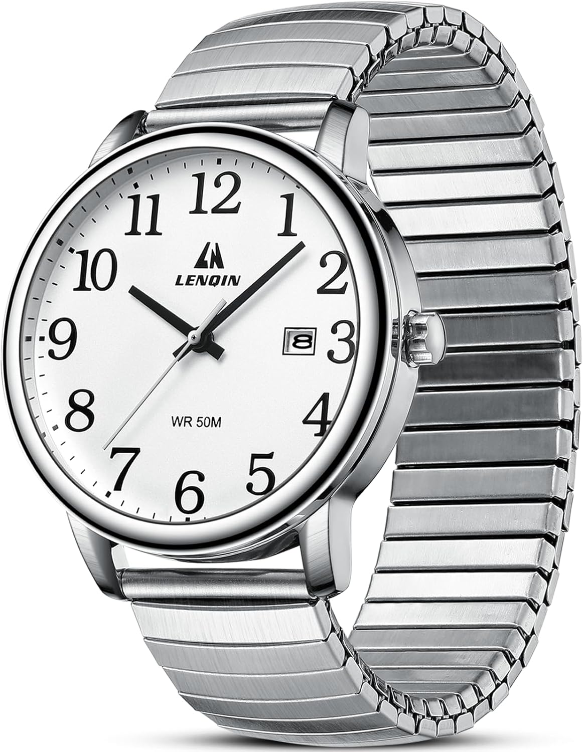 LN LENQIN Mens Watches Easy Read Analog Quartz Sport Waterproof Watch for Men with 38mm Stainless Steel Expansion Band and Glow Dial
