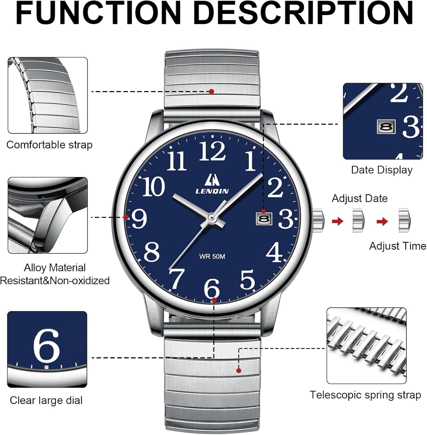 LN LENQIN Mens Watches Easy Read Analog Quartz Sport Waterproof Watch for Men with 38mm Stainless Steel Expansion Band and Glow Dial