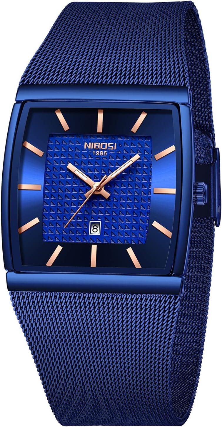 NIBOSI Men Watches Business Square Military Waterproof Sport Analog Quartz Wrist Watch for Men with Stainless Steel Mesh Strap Date Calendar