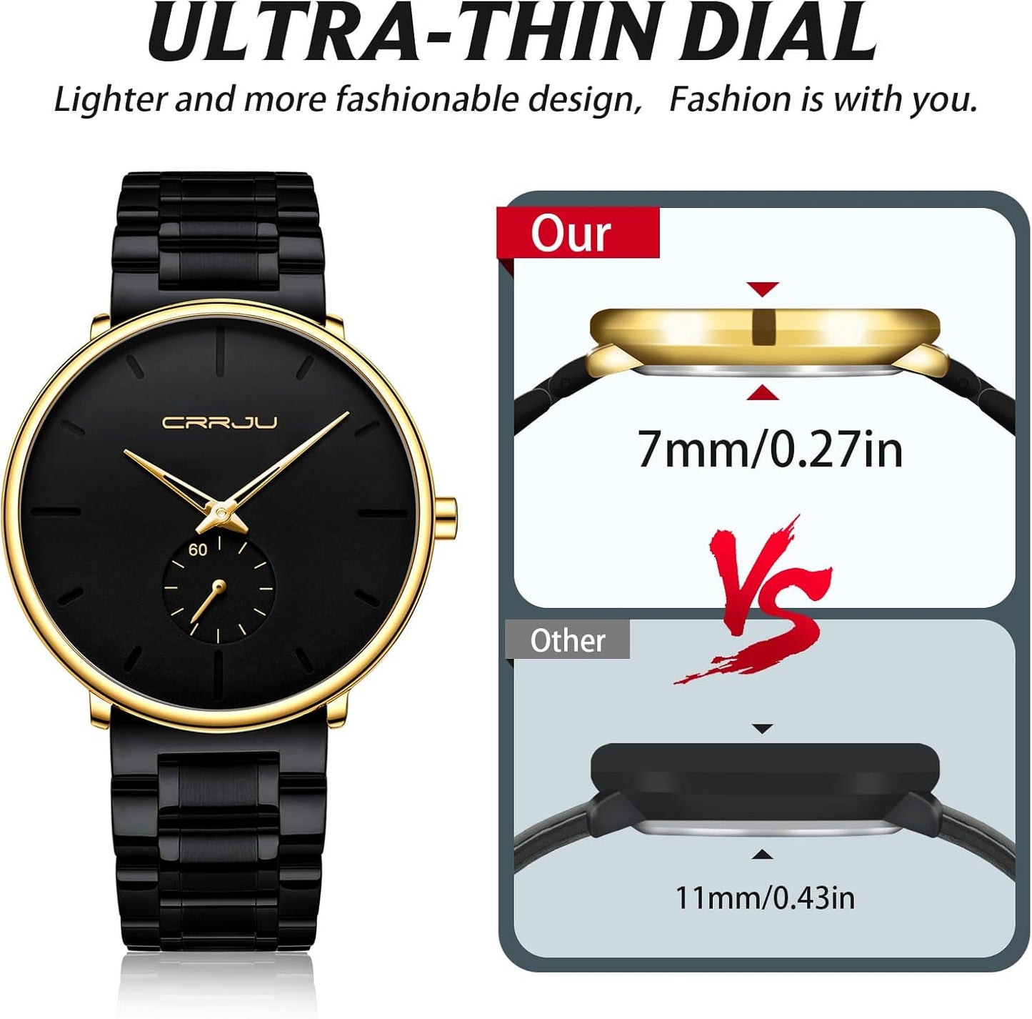 Mens Watches Ultra-Thin Minimalist Waterproof-Fashion Wrist Watch for Men Unisex Dress with Stainless Steel Band-Black Hands