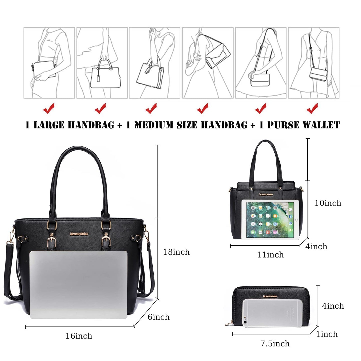 Montana West 3PCS Purses for Women Tote Bag and Wallet Set Shoulder Satchel Handbags