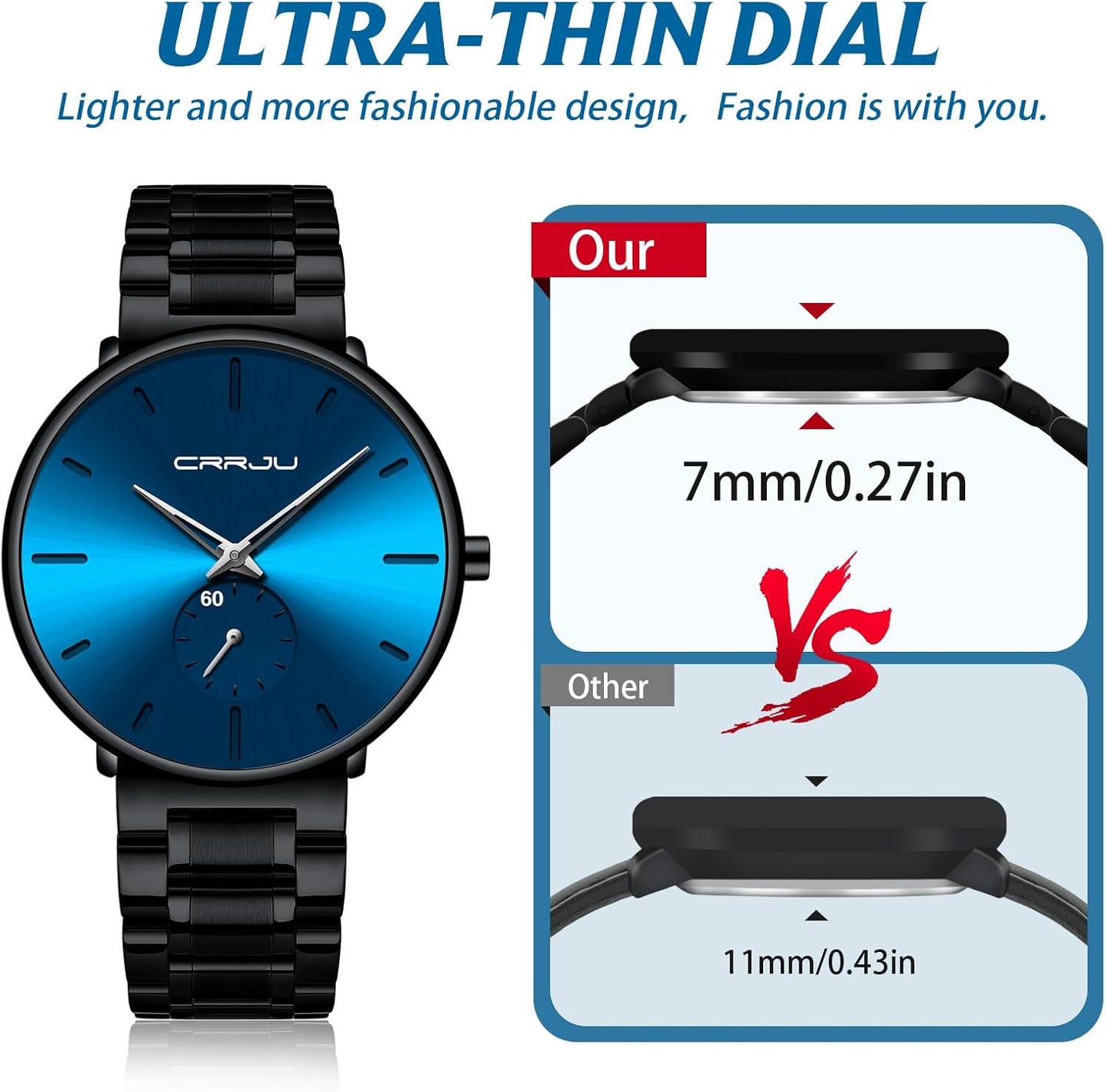 Mens Watches Ultra-Thin Minimalist Waterproof-Fashion Wrist Watch for Men Unisex Dress with Stainless Steel Band-Black Hands