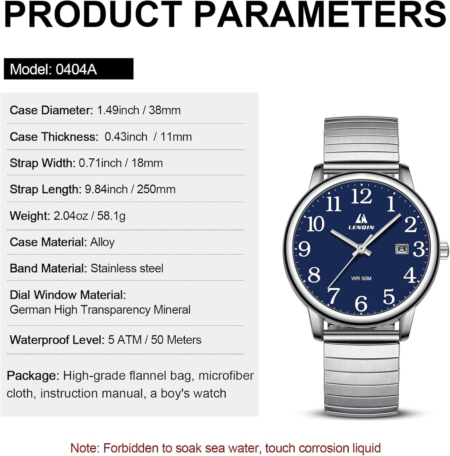LN LENQIN Mens Watches Easy Read Analog Quartz Sport Waterproof Watch for Men with 38mm Stainless Steel Expansion Band and Glow Dial