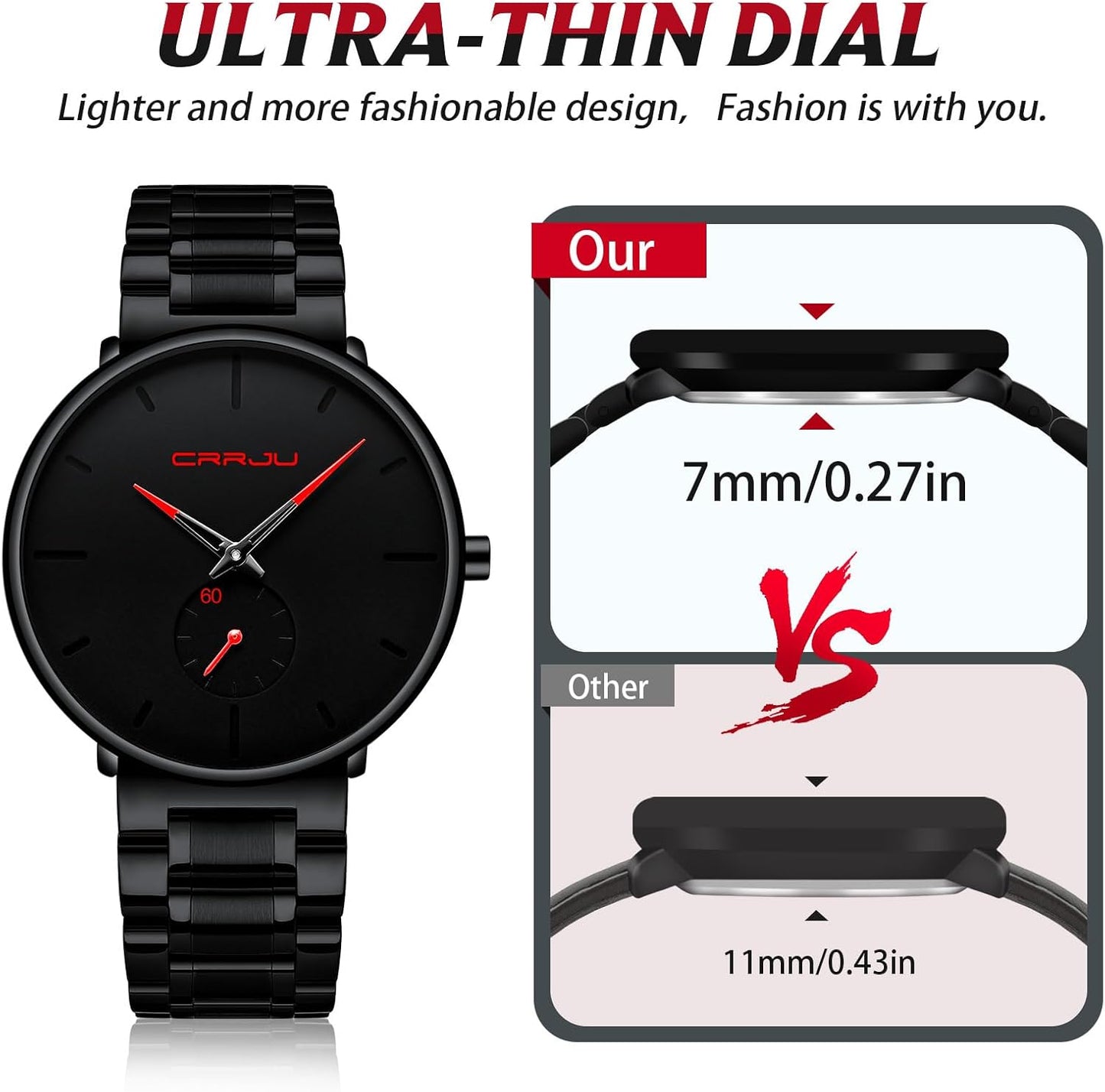 Mens Watches Ultra-Thin Minimalist Waterproof-Fashion Wrist Watch for Men Unisex Dress with Stainless Steel Band-Black Hands
