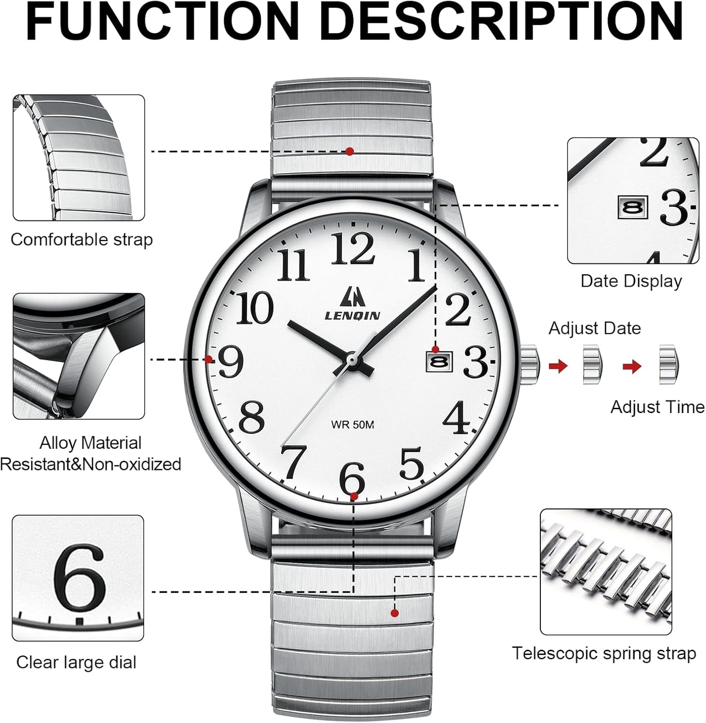 LN LENQIN Mens Watches Easy Read Analog Quartz Sport Waterproof Watch for Men with 38mm Stainless Steel Expansion Band and Glow Dial